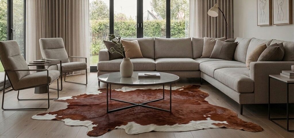 Warme moderne woonkamer met een beige hoekbank en een bruin-wit koeienhuid vloerkleed onder de salontafel.
