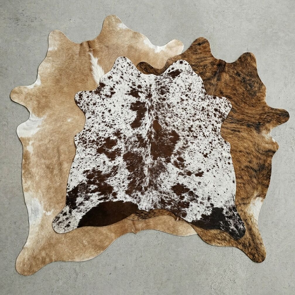 Drie verschillende koeienhuiden als overzicht van de collectie op een lichte vloer.