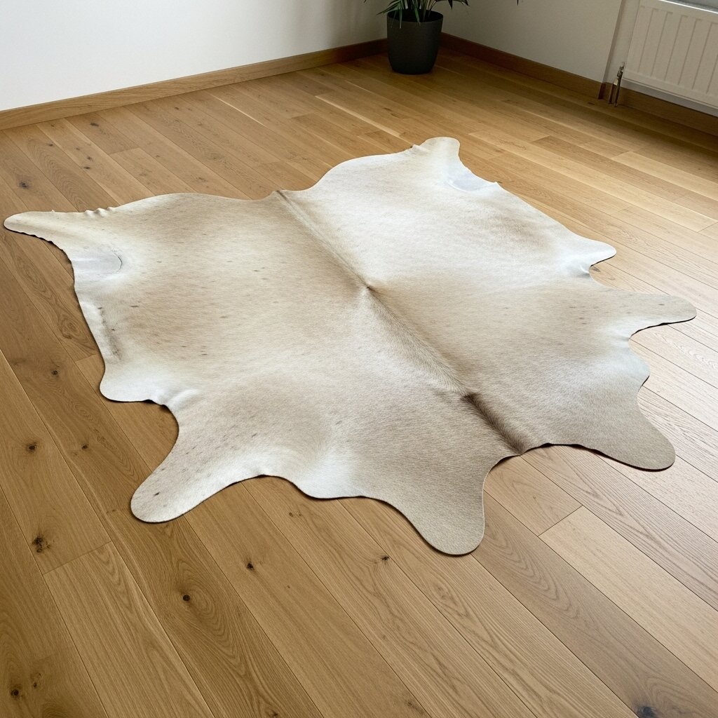 Een sfeervolle beige koeienhuid vloerkleed in een warm interieur.