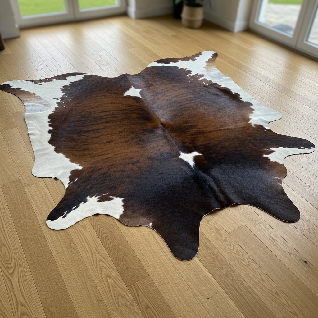 Een stijlvol bruin-wit koeienhuid vloerkleed in een modern interieur.