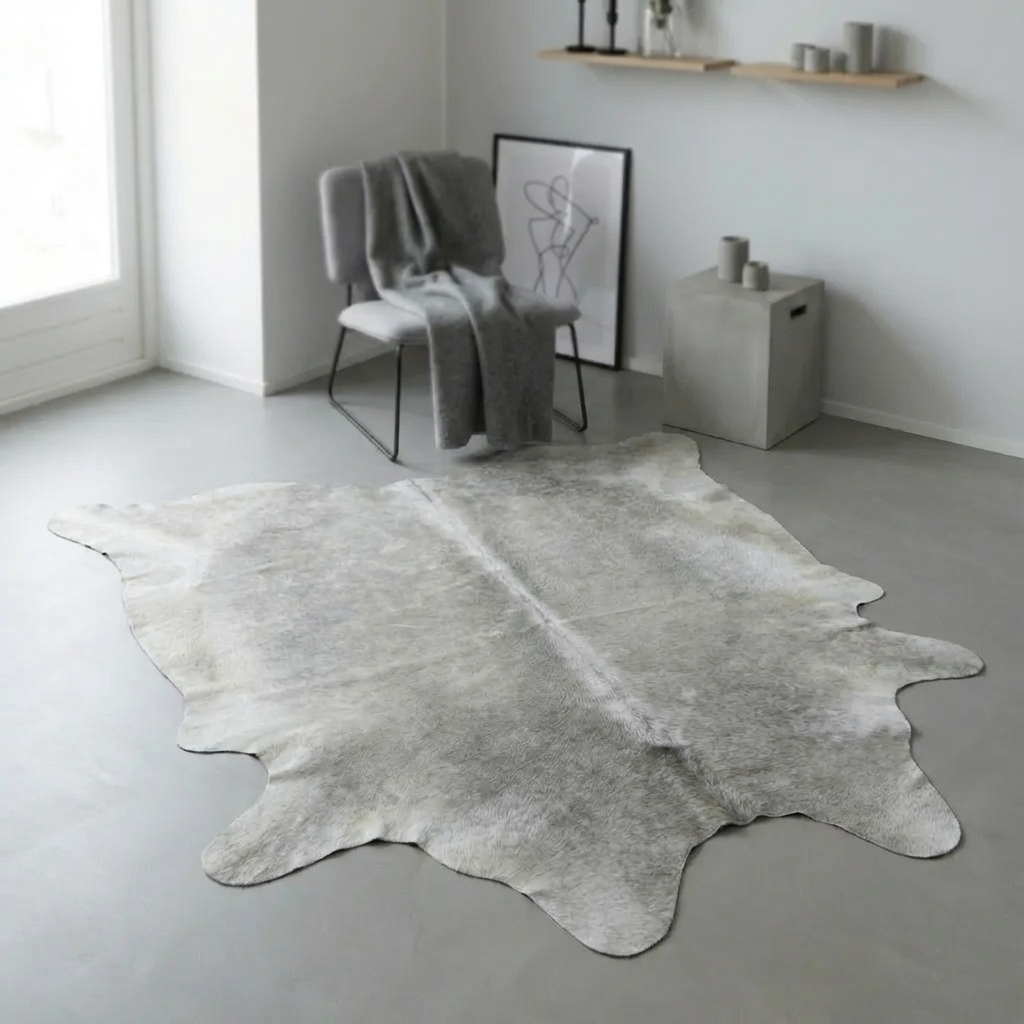 Een rustige grijs-taupe koeienhuid in een Scandinavisch interieur.