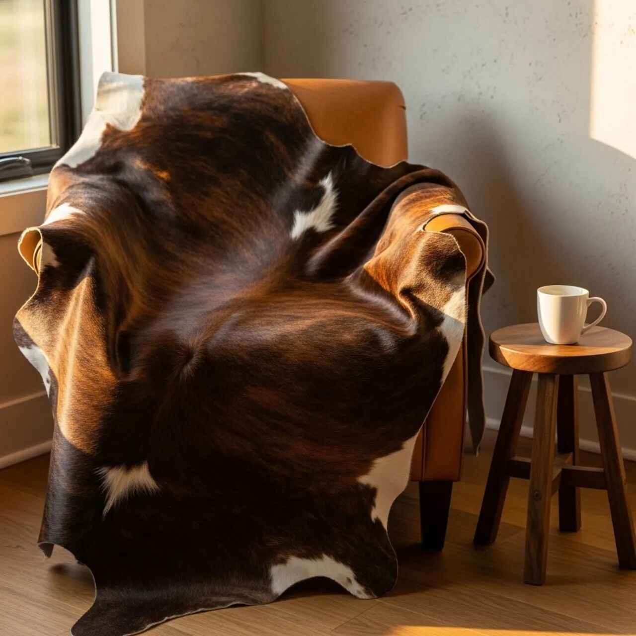 Een elegant grijs Normandisch koeienhuid vloerkleed in een minimalistisch interieur.