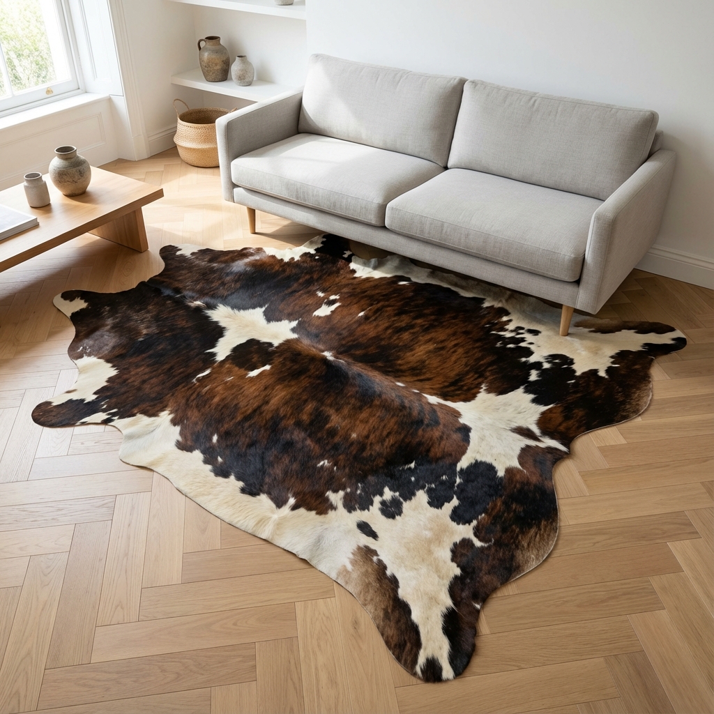 Een royaal XXL koeienhuid vloerkleed dat een grote zithoek verbindt.