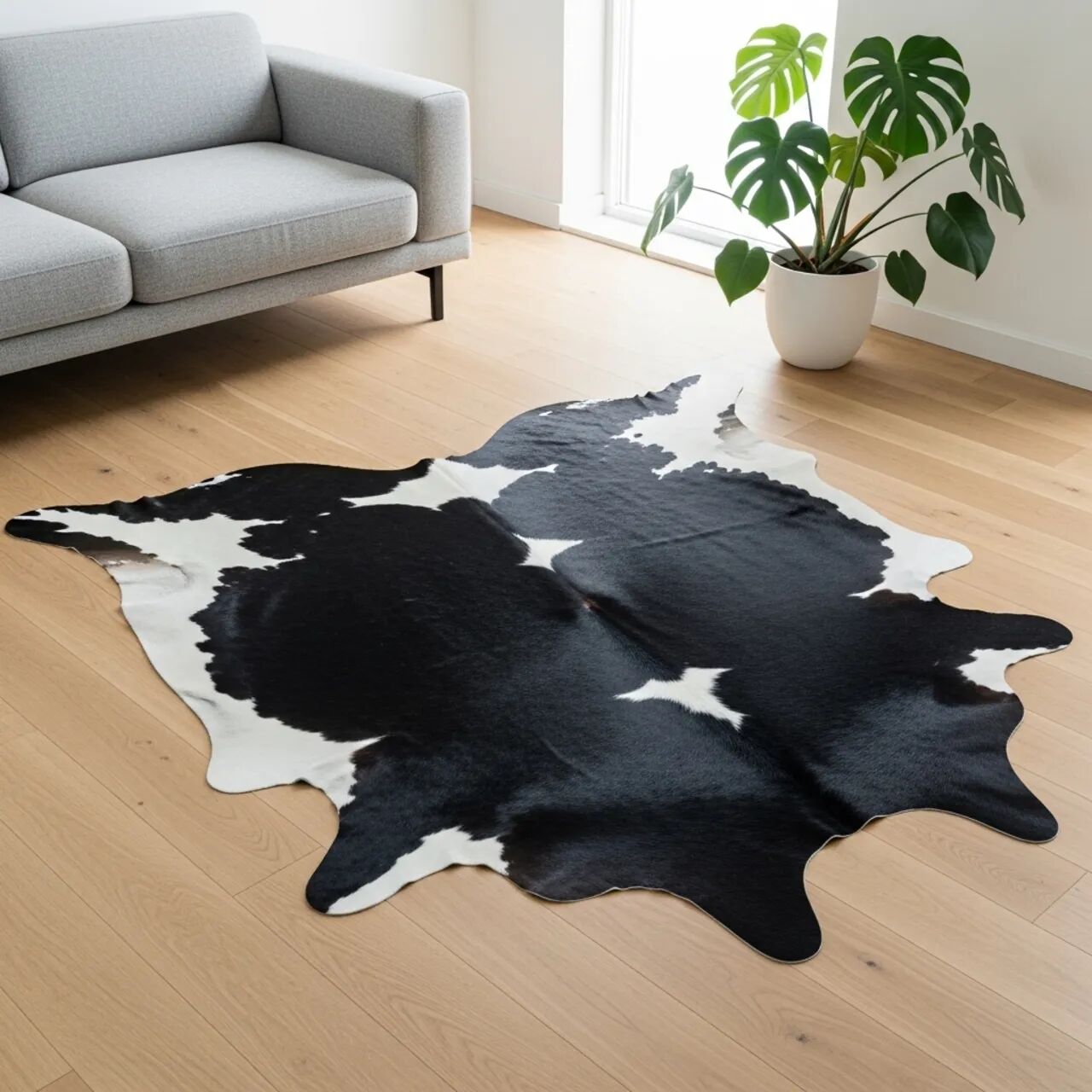 Een moderne woonkamer met een opvallend zwart-wit koeienhuid vloerkleed.
