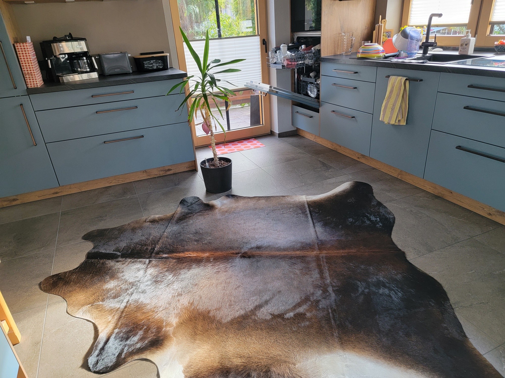 Donkerbruine koeienhuid op een tegelvloer in een keuken met blauwe kasten