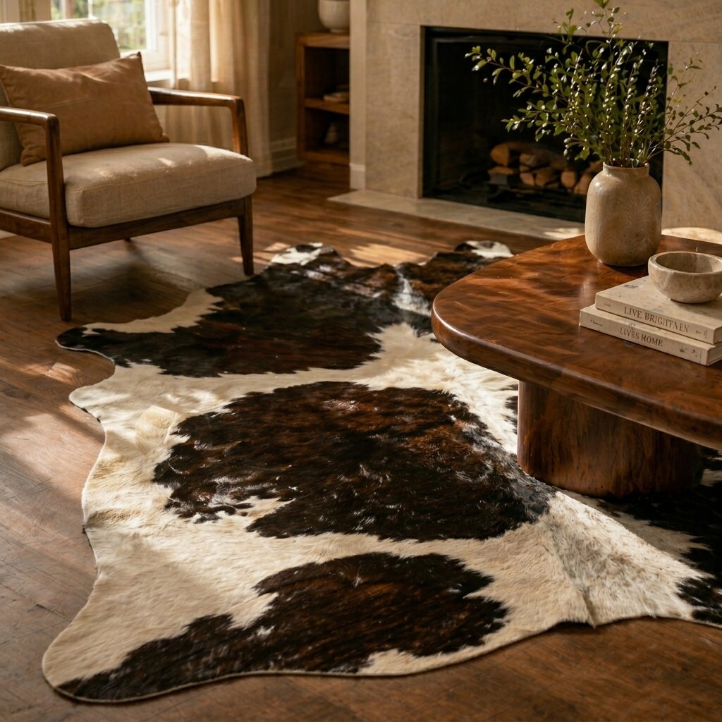 Braziliaanse koeienhuid strak op de vloer in een warme woonkamer.