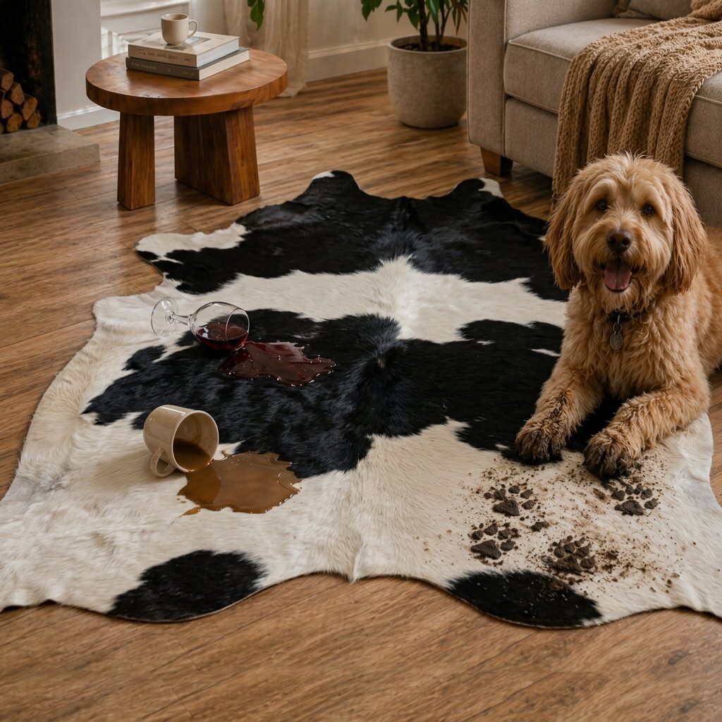 Zwart-witte koeienhuid met gemorste wijn en koffie en een hond met modderpoten.