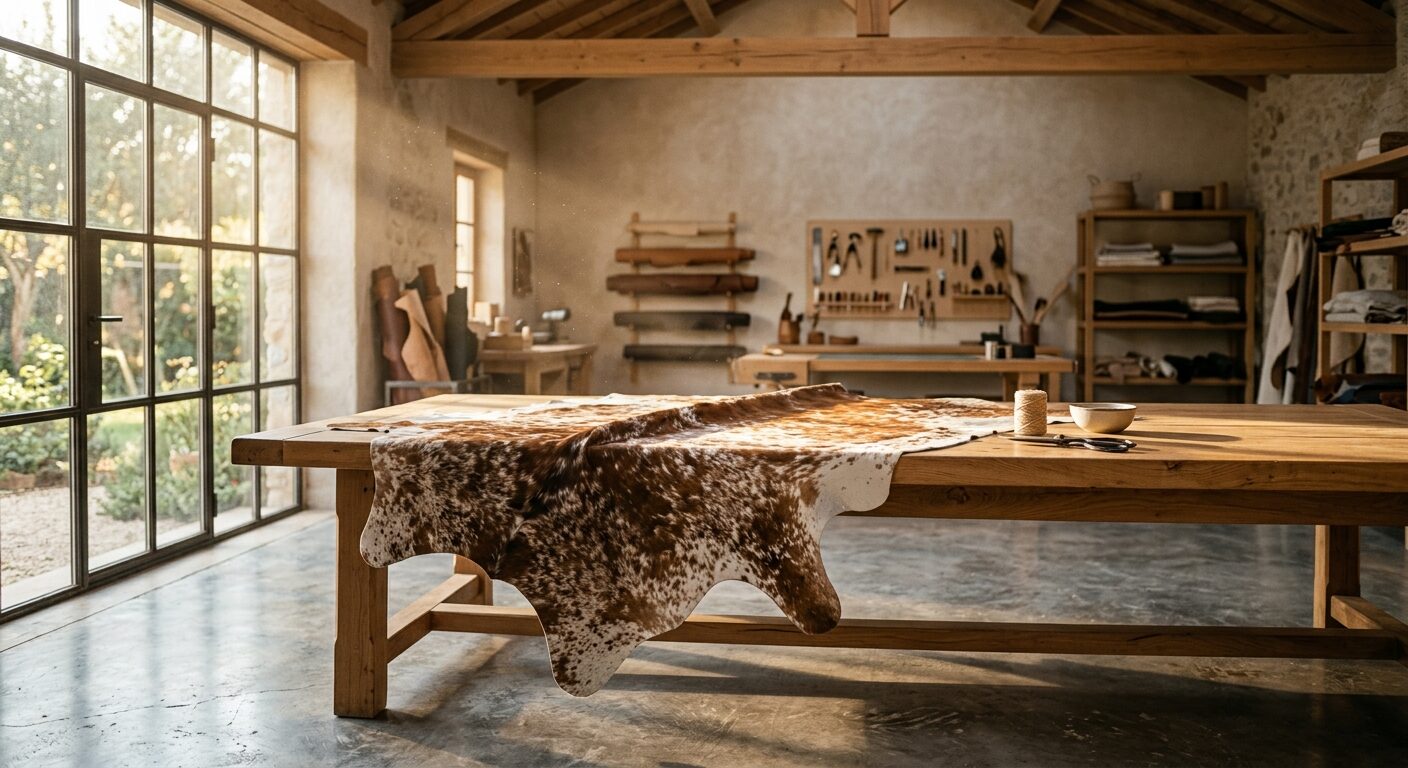 Koeienhuid als duurzaam restproduct op een houten werktafel in warm licht.